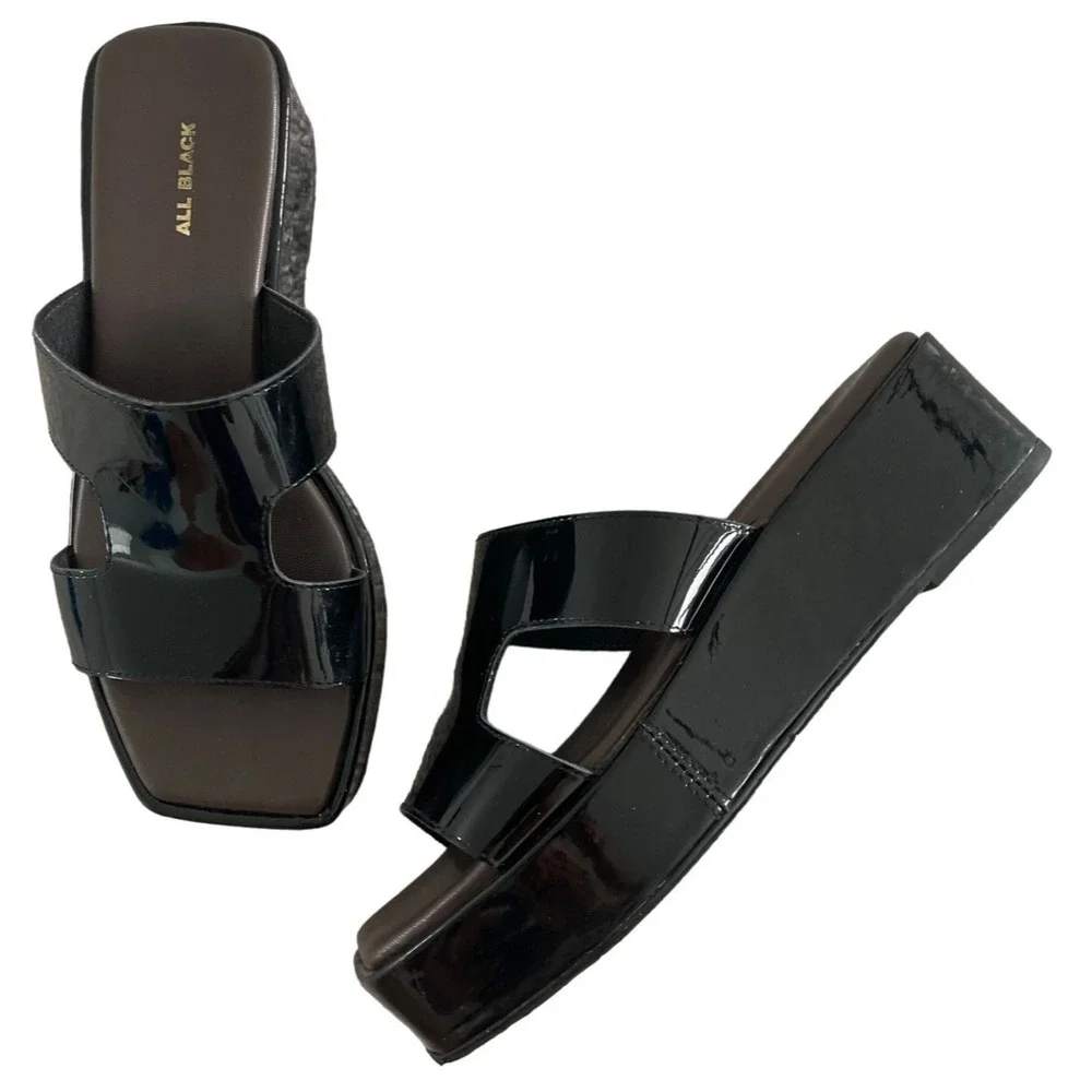 ALL BLACK FOOTWEAR Blunt T Wedge Sandals Black Patent Leather EU 40 9-9.5 $175